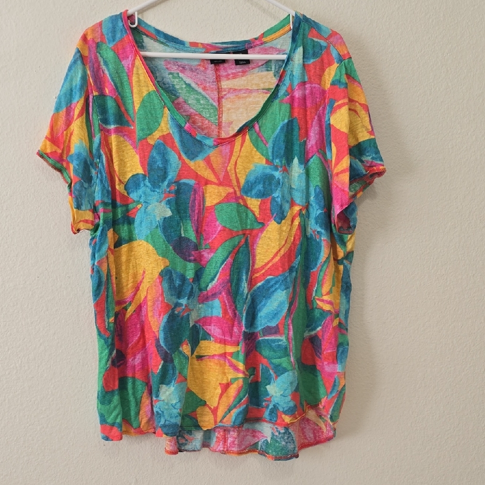 Tahari Vibrant Tropical Short Sleeve‎ 100% Linen Tee 2XL